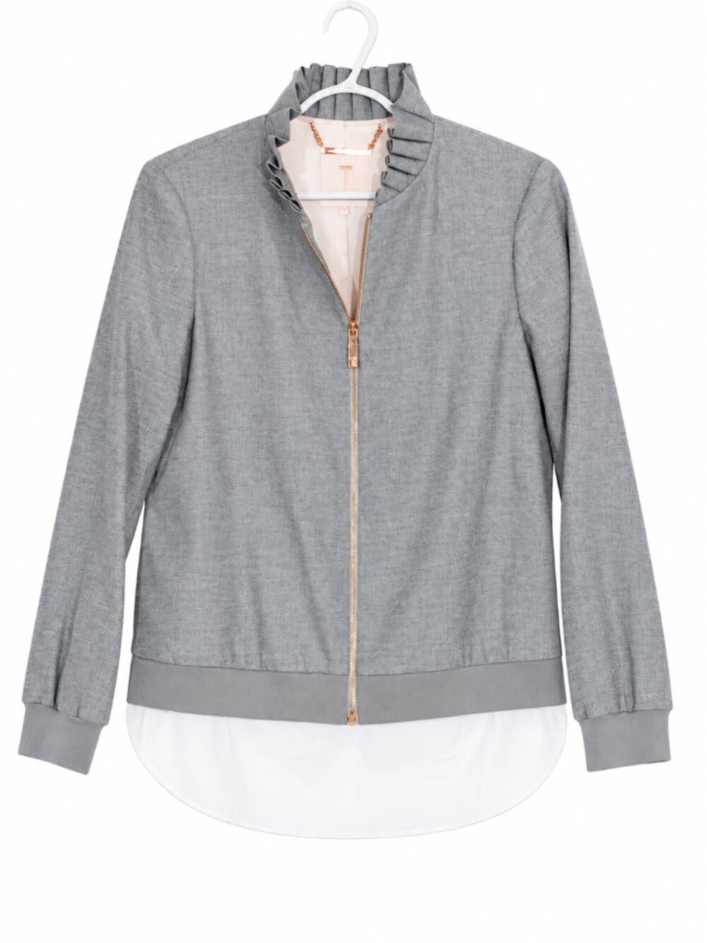 TED BAKER Gray Zip Up Mixed Media Wool Blend Ruffle Collar Jacket Size 2